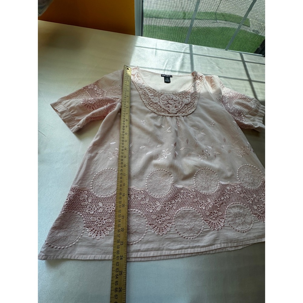 Lauren Michelle Pink Cotton Embroidered Crochet Lace Blouse Top Medium - Picture 5 of 6